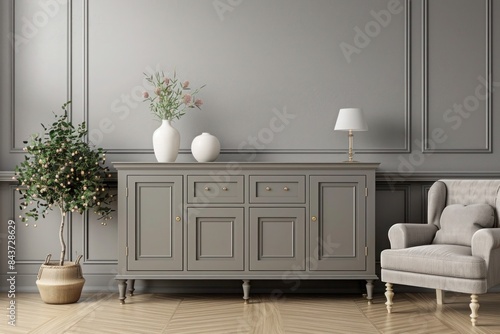 Vintage gray cupboard and armchair in elegant gray living room interior