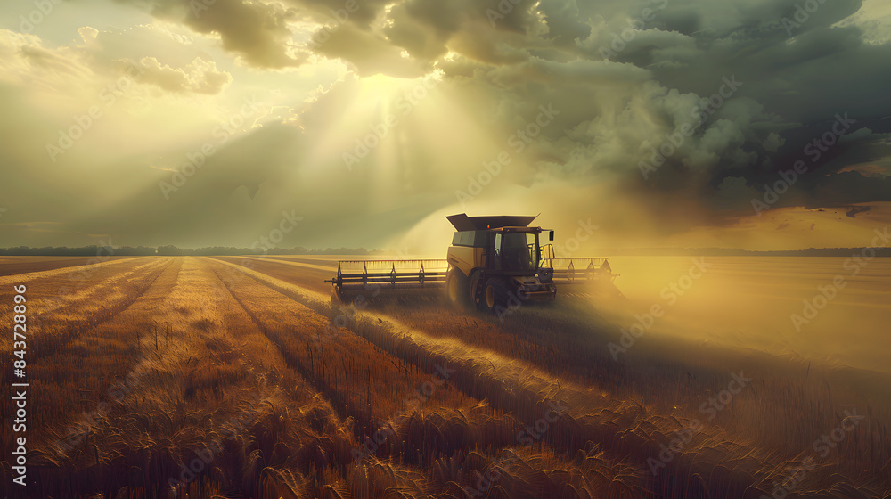 A harvester is harvesting wheat in the field.with dark clouds and sun rays shining on it A harvester is harvesting wheat in the field.with dark clouds and sun rays shining on it