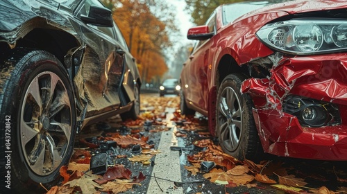 Close-up of a car collision showing damaged vehicles on a leaf-strewn road during fall