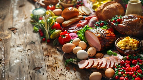 Easter traditional food with ham eggs and bread Holidays background Easter table with all sorts of delicious delicatessen ready for an Easter meal : Generative AI photo