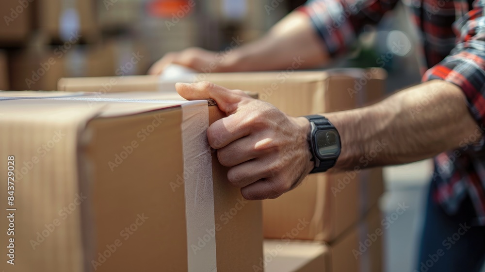 Obraz premium Close up of a person sealing a cardboard box with tape in a warehouse, depicting shipping and packaging processes.
