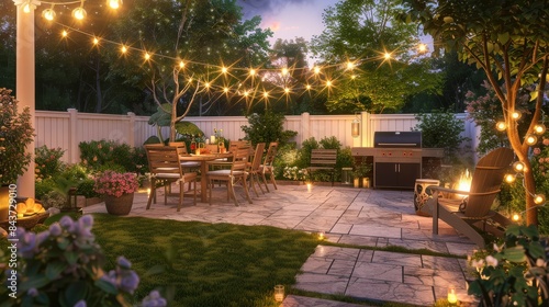 Elegant Backyard Patio with String Lights and Dining Area in New England