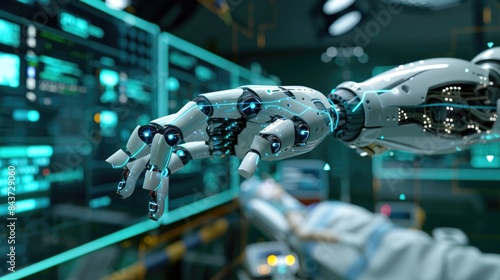 Close up of a robotic arm in a high-tech lab, showcasing advanced artificial intelligence and modern technology.