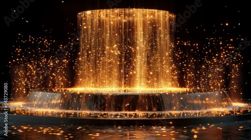 A magnificent golden stage design, surrounded by spontaneous sparkling light particles in a dark ambiance