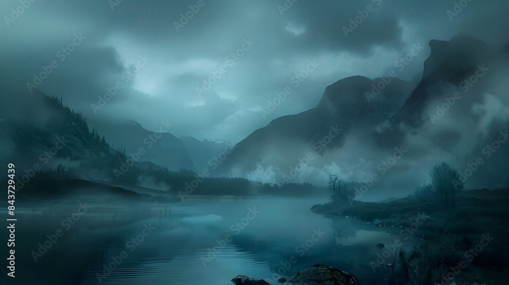 Captivating Misty Mountain Lake Nestled in Lush Evergreen Forest Landscape Captivating Misty Mountain Lake Nestled in Lush Evergreen Forest Landscape