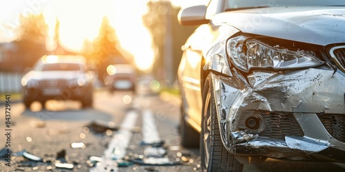 Close up view of a damaged car on the road following an accident, with other vehicles and debris in the background at sunset.