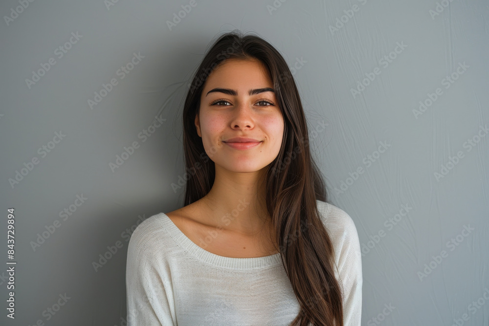 A close up portrait of a young woman with a subtle smile A close up portrait of a young woman with a subtle smile