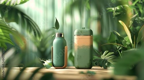 Green Organic Cosmetic Bottles with Leaves in Natural Environment for Healthy Skincare and Wellness Products