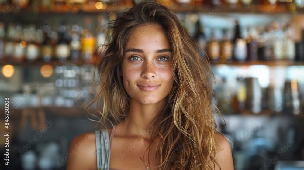 The genuine smile of a beautiful young woman graces this image, taken in the warm ambience of a bar The genuine smile of a beautiful young woman graces this image, taken in the warm ambience of a bar