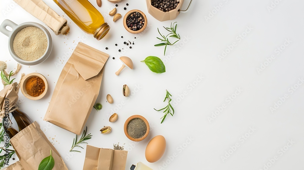 Flat lay composition with eco friendly food packagings on white background : Generative AI Flat lay composition with eco friendly food packagings on white background : Generative AI