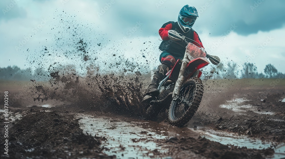 Obraz premium A motocross rider kicking up mud while riding through a wet, rugged trail, showcasing the thrill of off-road adventure.