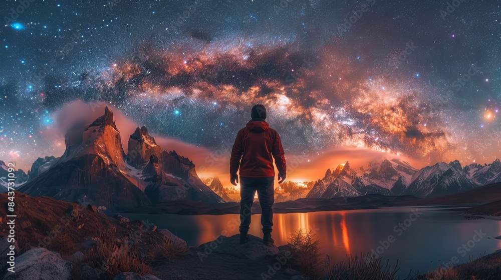 A person in a red jacket stands captivated by the stunning view of a mountain range under a vivid Milky Way galaxy A person in a red jacket stands captivated by the stunning view of a mountain range under a vivid Milky Way galaxy