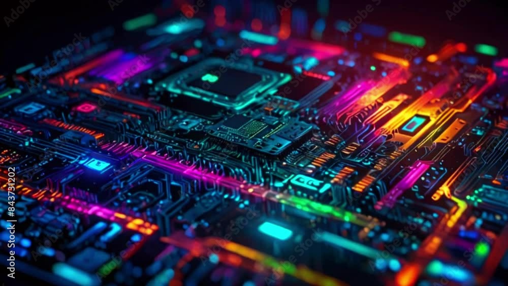 This video shows a close-up of a computer circuit board with many electronic components. The colors are bright and varied, and the image has a futuristic feel. This video shows a close-up of a computer circuit board with many electronic components. The colors are bright and varied, and the image has a futuristic feel.