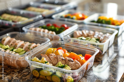 Close-up of prepared meals in clear containers with chicken, vegetables, and rice.  The containers are lined up on a countertop.  Healthy meal prep. photo