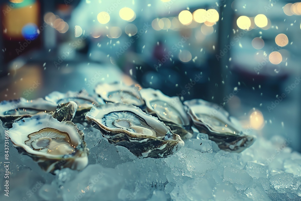 Fresh oysters on ice, ready to be shucked and enjoyed. A perfect image for a seafood restaurant menu or website. Fresh oysters on ice, ready to be shucked and enjoyed. A perfect image for a seafood restaurant menu or website.
