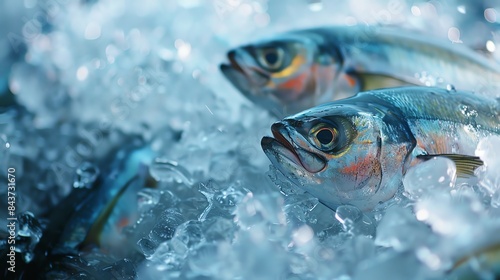 Fresh mackerel fish on a bed of ice, glistening and ready for sale.