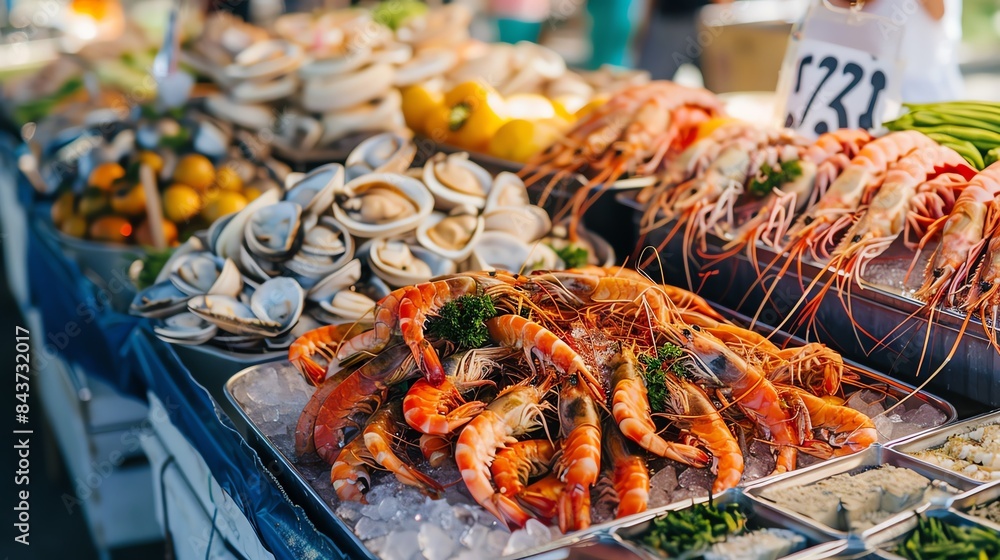 Fresh seafood on ice at a market stall, featuring shrimp, clams, and abalone. Fresh seafood on ice at a market stall, featuring shrimp, clams, and abalone.