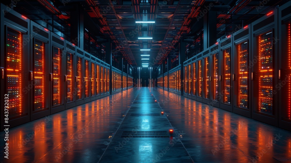 A modern server room with illuminated blue racks and a high-tech ambiance, representing cloud computing and data storage A modern server room with illuminated blue racks and a high-tech ambiance, representing cloud computing and data storage
