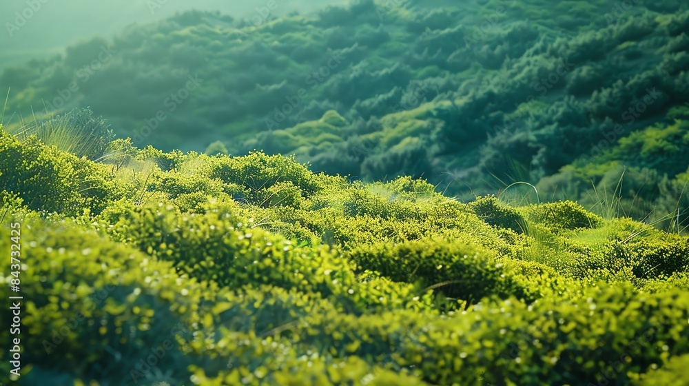 Obraz premium Lush green hillside with soft morning light filtering through the foliage.