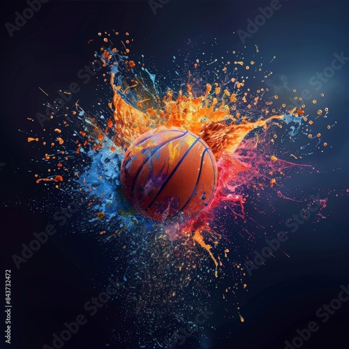 Basketball in colorful powder explosion isolated on dark blue background