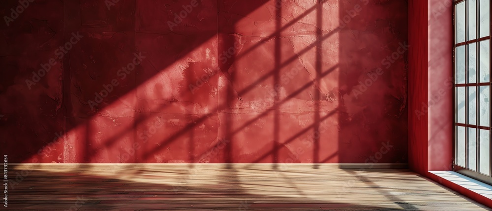 Sunlight streams through a window, casting shadows on a red wall in an empty room with a wooden floor. Sunlight streams through a window, casting shadows on a red wall in an empty room with a wooden floor.