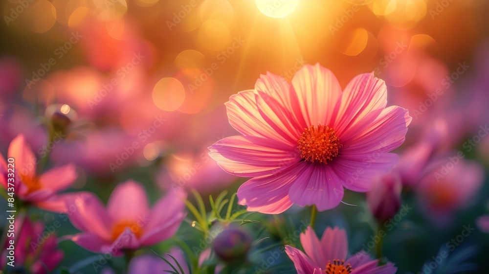 Cosmos flowers in bloom with warm sunlight casting a soft glow, highlighting the beauty of nature Cosmos flowers in bloom with warm sunlight casting a soft glow, highlighting the beauty of nature
