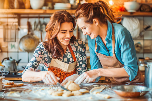 Joyful excited mom and adult daughter baking sweet homemade pastry snacks, cookies, biscuits, shaping, rolling dough, talking, discussing family recipe, smiling, laughing