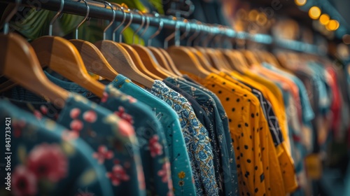 Close-up of assorted colorful clothing hanging on a rack in a fashion retail store with warm lighting