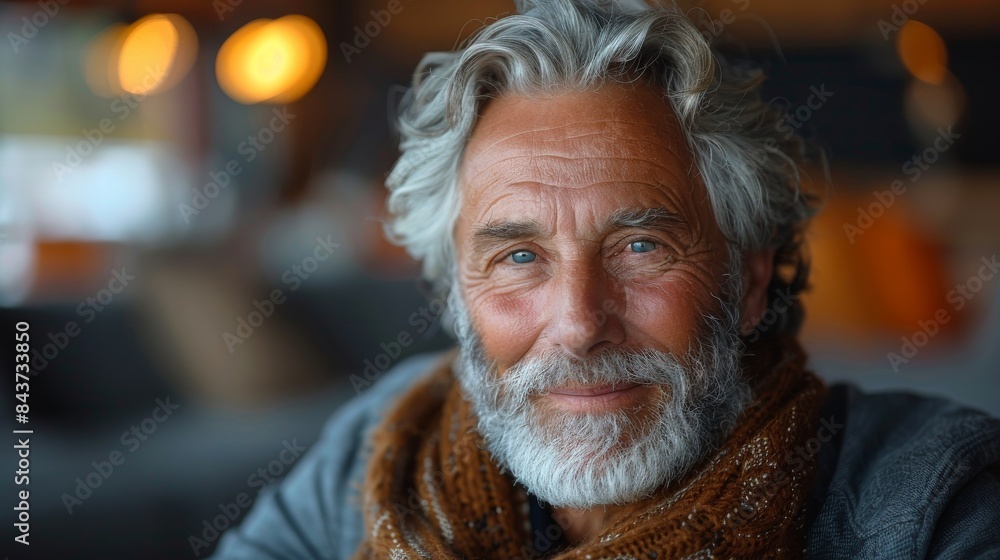 Smiling senior man with silver hair in a soft focus setting with ambient lights Smiling senior man with silver hair in a soft focus setting with ambient lights