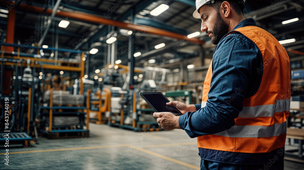Obraz premium South European worker in an industrial factory using a tablet.