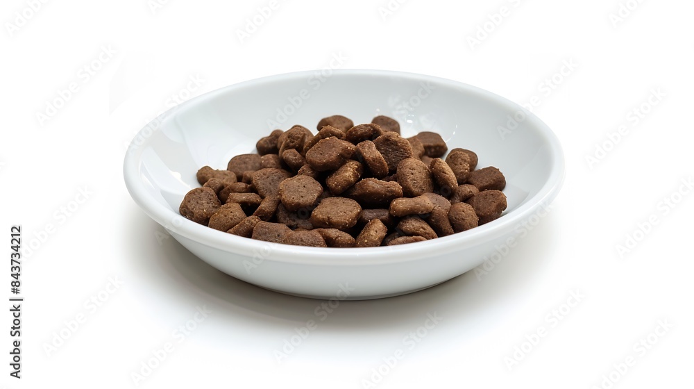 Dry dog food in a white ceramic plate macro isolated on white background : Generative AI Dry dog food in a white ceramic plate macro isolated on white background : Generative AI
