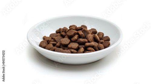Dry dog food in a white ceramic plate macro isolated on white background : Generative AI