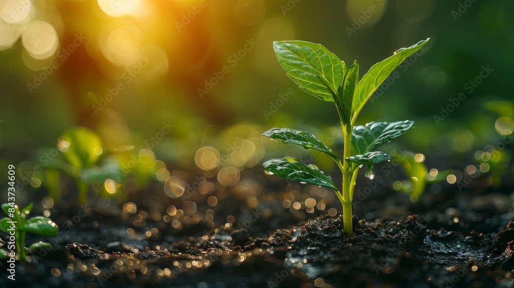 A single plant sprouts from rich soil, backlit by a warm sunrise, symbolizing growth and new beginnings A single plant sprouts from rich soil, backlit by a warm sunrise, symbolizing growth and new beginnings