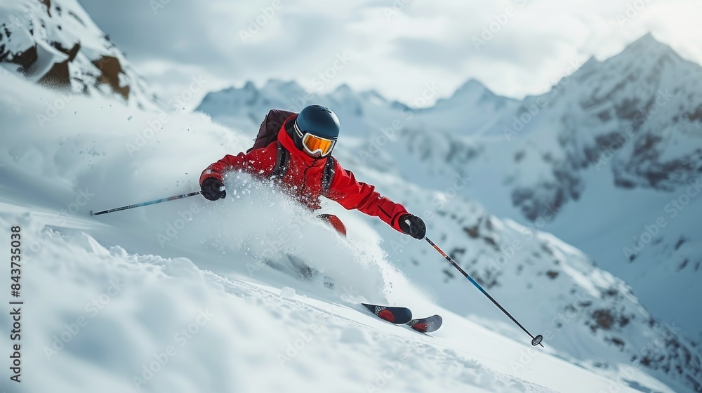 Skier wearing a red suit and goggles makes a swift turn, sending snow flying in the mountain backdrop Skier wearing a red suit and goggles makes a swift turn, sending snow flying in the mountain backdrop
