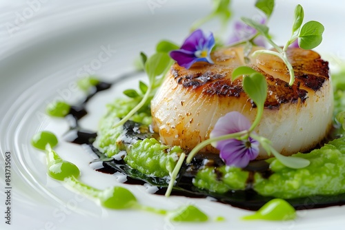 Gourmet Scallop Dish with Pea Puree and Edible Flowers