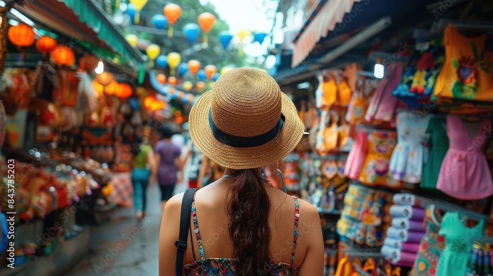Fototapeta premium A traveler in a straw hat strolls through a vibrant street market, capturing the essence of local culture, exploration, and colorful shopping.