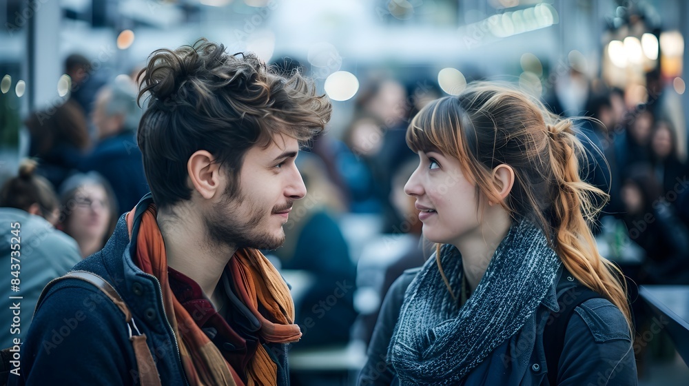 Two Individuals Share Meaningful Glance Across Crowded Room Illustrating Unspoken Human Connection Two Individuals Share Meaningful Glance Across Crowded Room Illustrating Unspoken Human Connection