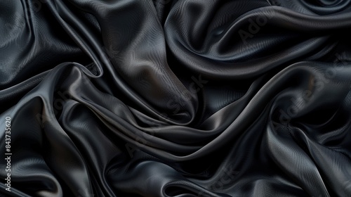 Luxurious Black Silk Fabric with Elegant Folds and Smooth Texture, Capturing Subtle Light Reflections