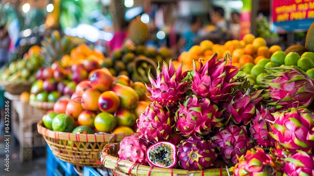 Vibrant Dragon Fruits at a Bustling Market Vibrant Dragon Fruits at a Bustling Market