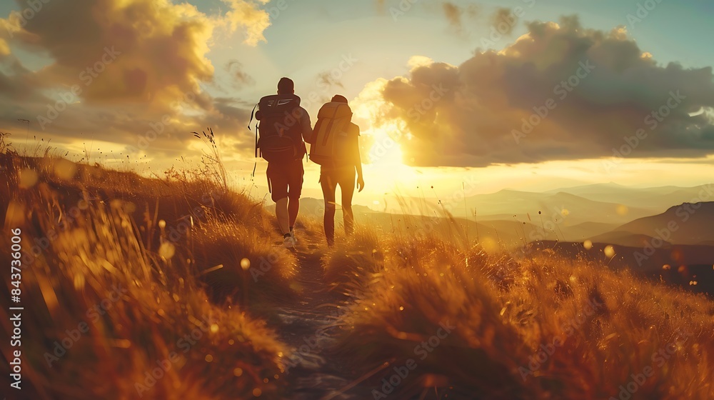 Discover the beauty of outdoor recreation as you witness a real photo capturing a couple delighting in hill walking, their spirits lifted by the breathtaking views and invigorating air