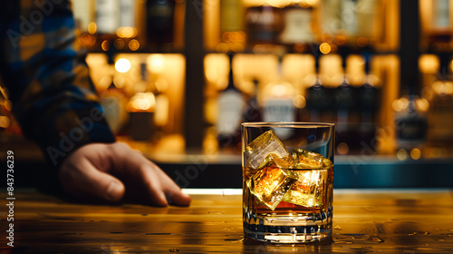 Verre d'alcool et main posée sur le comptoir d'un bar photo