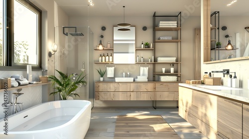 Interior of light bathroom with bathtub shelving unit and dressing table   Generative AI