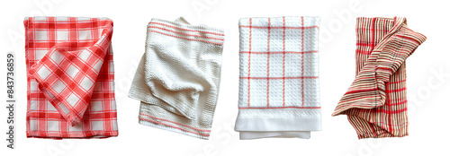 Four folded kitchen towels with different patterns.