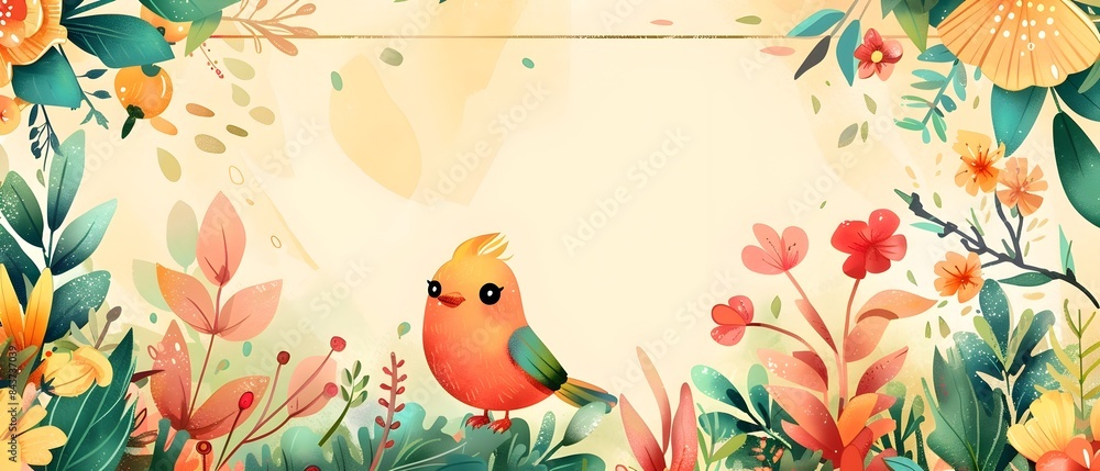 Joyful Chic Bird Framed in Enchanted Garden Floral Border Design with Blank Background Space