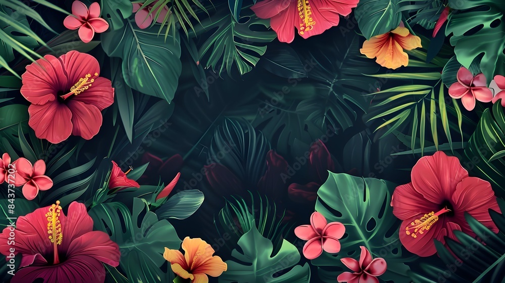Lush Tropical Floral Garden Blooms with Cartoonish Print Border and Blank Space for Mock Up Background Lush Tropical Floral Garden Blooms with Cartoonish Print Border and Blank Space for Mock Up Background