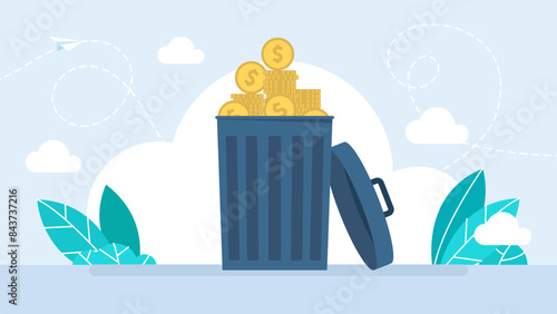 Coins thrown into a trash can. Collapse of the dollar. Trash can of with discarded money. Flat design.  Vector illustration.