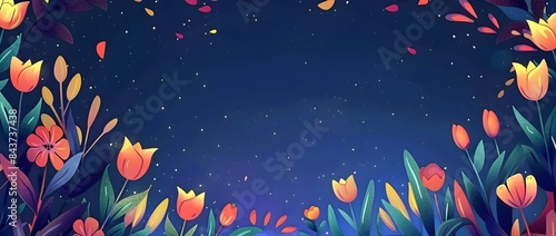 Enchanting Springtime Night Garden with Blooming Tulips and Floral Border Frame Design for Serene Background