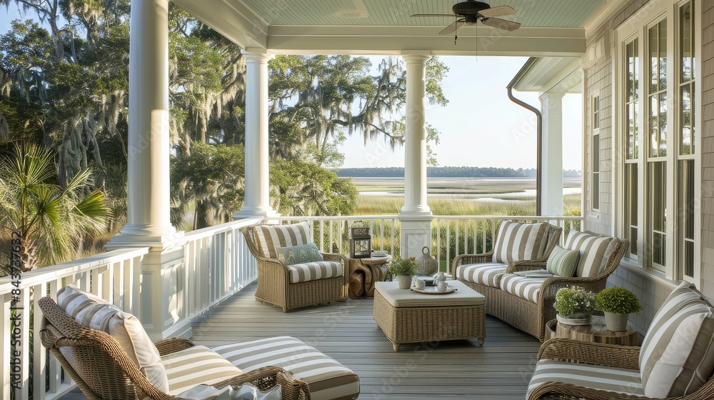 Naklejka premium Coastal Luxury Home with Wrap-around Porch Overlooking Salt Marshes, Striped Chairs, and Wicker Furniture
