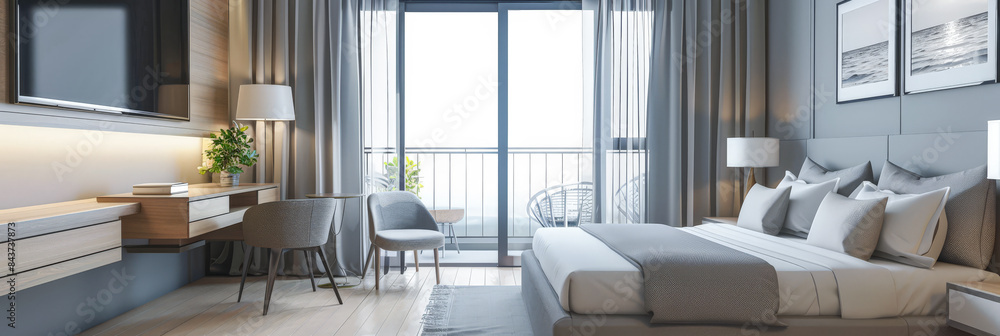 Fototapeta premium Elegant hotel room interiors with modern furniture. Hotel interior design composition.