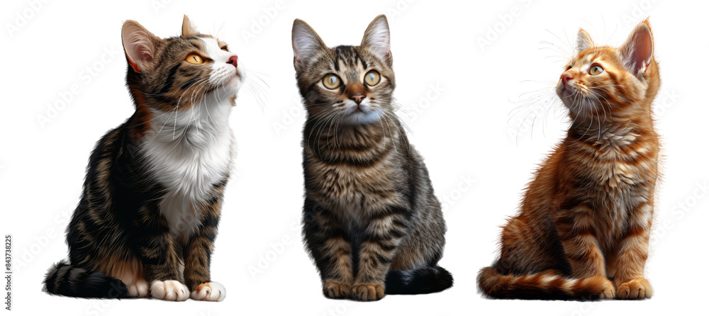 Three adorable kittens: One calico, one tabby, and one ginger, all sitting and looking upward, isolated on a transparent background. Three adorable kittens: One calico, one tabby, and one ginger, all sitting and looking upward, isolated on a transparent background.